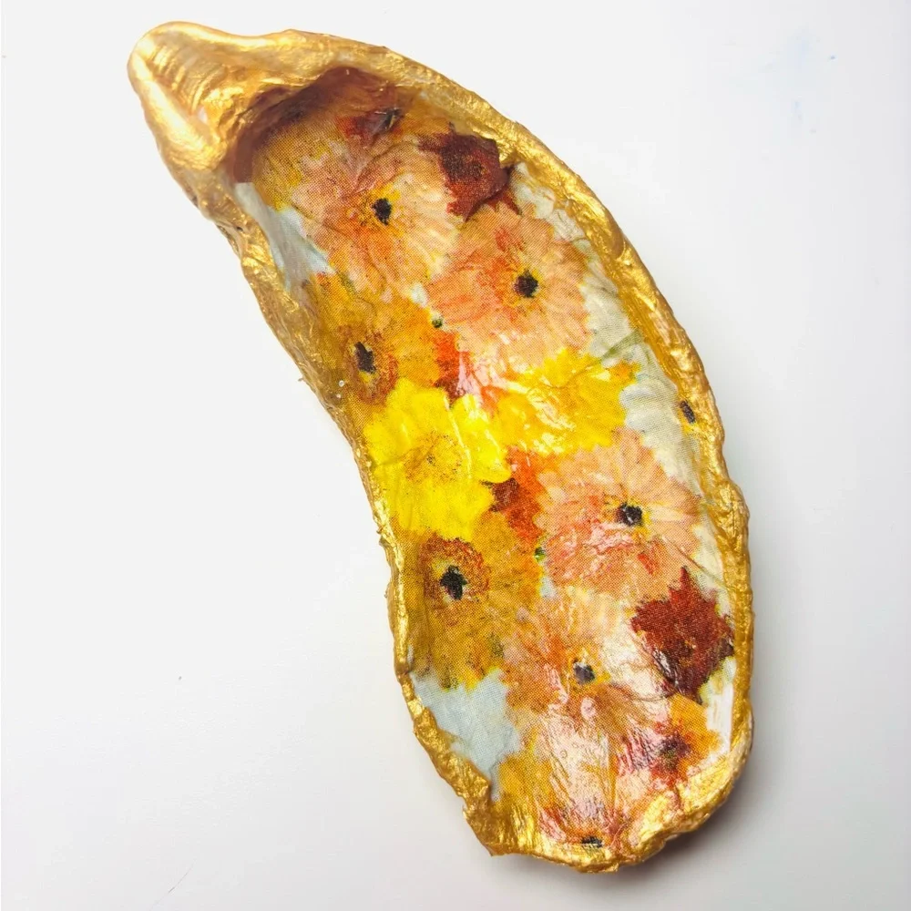 Handcrafted Oyster Shell Ring Dish W/ Autumnal Floral Decoupage Design
